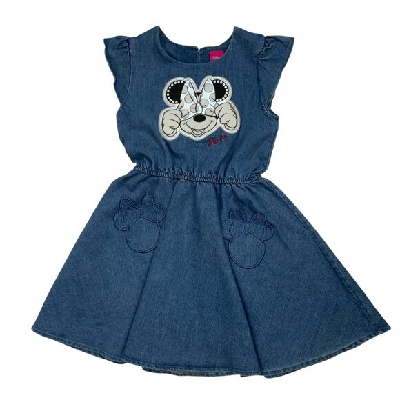 Disney Girls Minnie Mouse Denim Dress 6X Blue Flutter Sleeve Pockets Logo Resort - Picture 12 of 12
